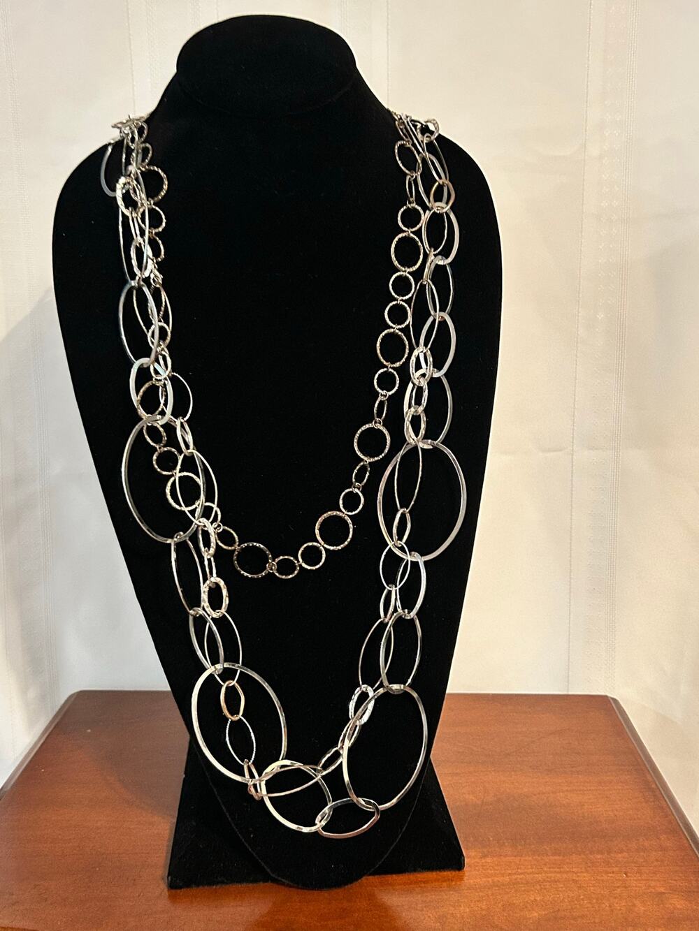 Silver Tone Triple Stack Layered Necklace Set Oval Round Link Chains